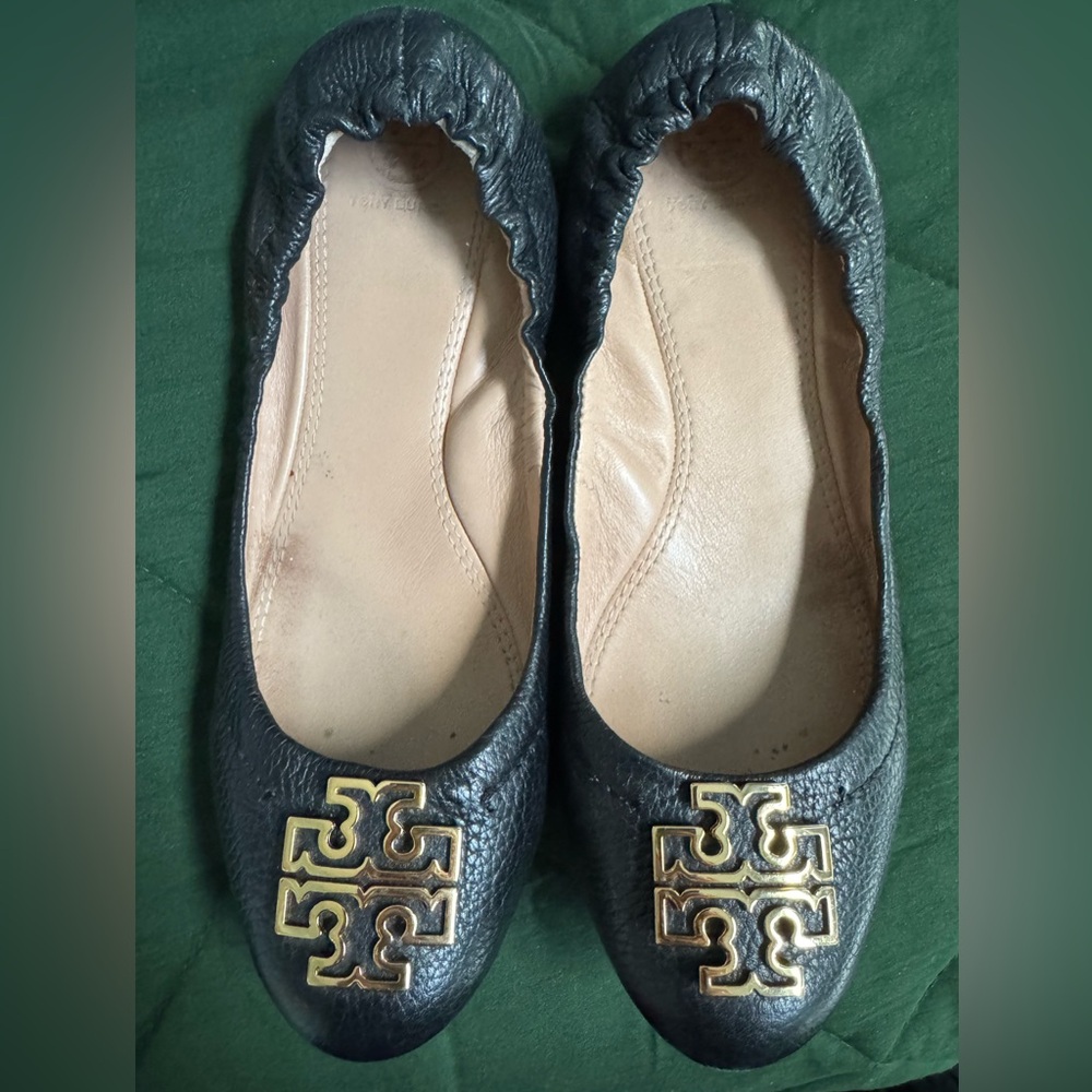 Tory Burch Black Leather Flats with Gold Logo